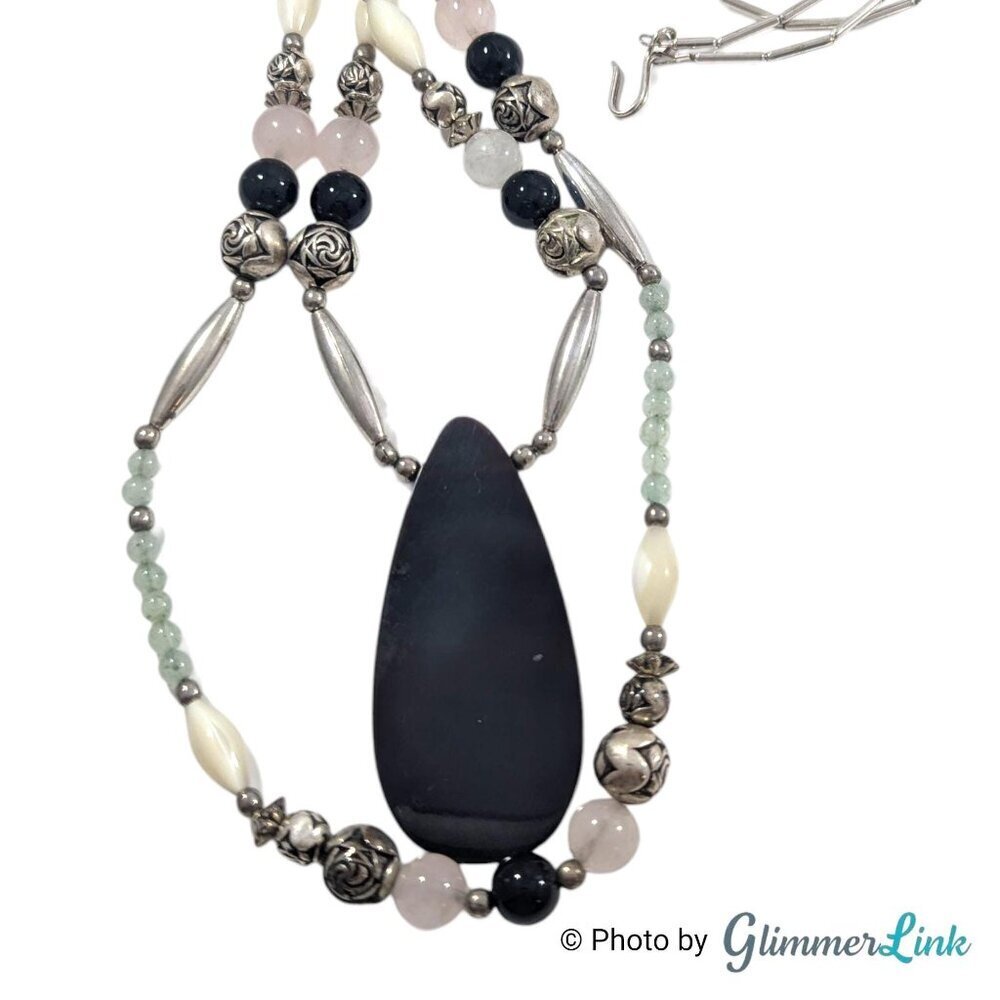 Vintage Bird Inlay Pendant Necklace Aventurine Rose Quartz Onyx Silver Tone - Picture 9 of 15
